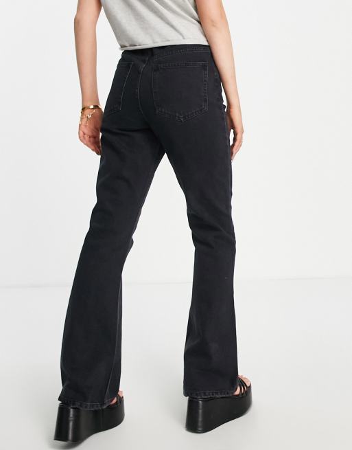 DTT flare leg jeans with folded waist in washed black , 2 of 4