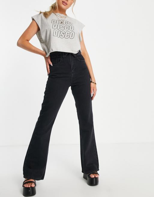 DTT flare leg jeans with folded waist in washed black