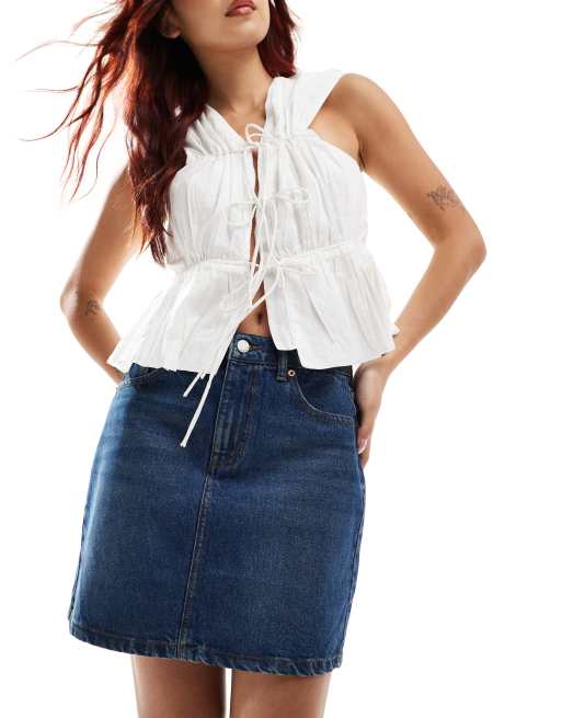 DTT Gabby high waist denim skirt in mid blue