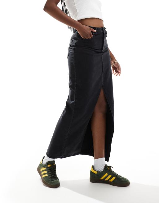 DTT - Gonna midi in denim nero con spacco sul davanti