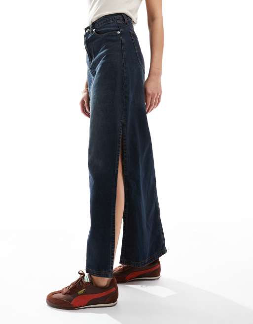 DTT - Hannah - Denim maxi rok met zijsplit in donkerblauw met dirty wash, 5 van 5