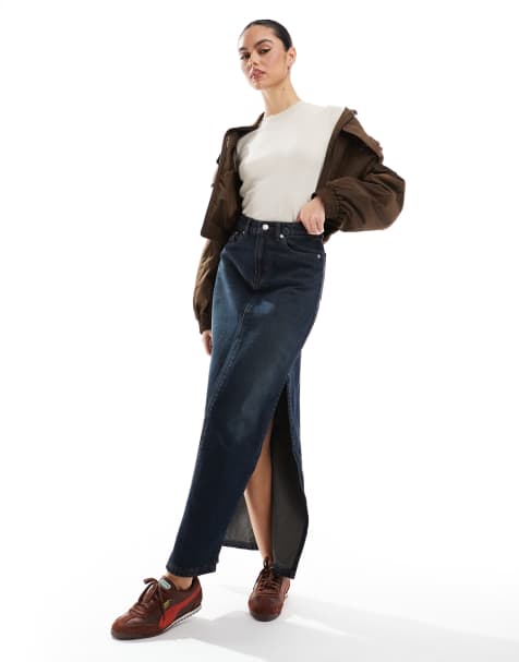 DTT - Hannah - Mørkeblå denim-maxinederdel med sideslids i slidt vask - view 1