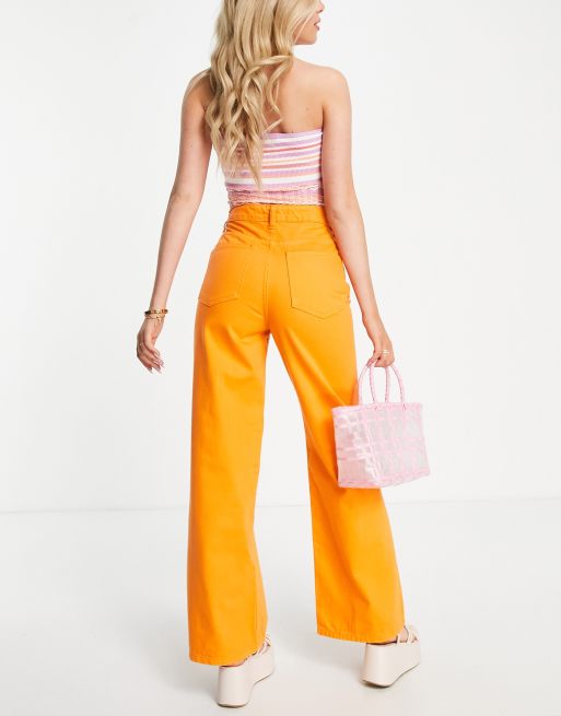 DTT high waist wide leg jeans in orange , 2 of 4