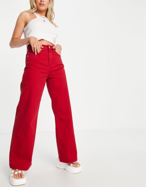 Red Wide Leg Denim Jeans High Rise