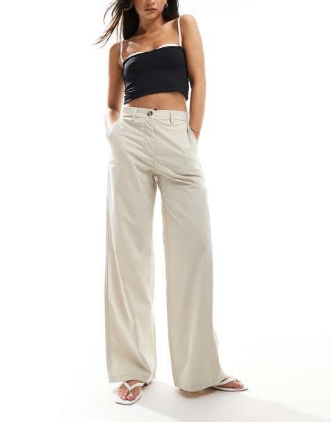 DTT high waisted pinstripe trousers in stone - view 1