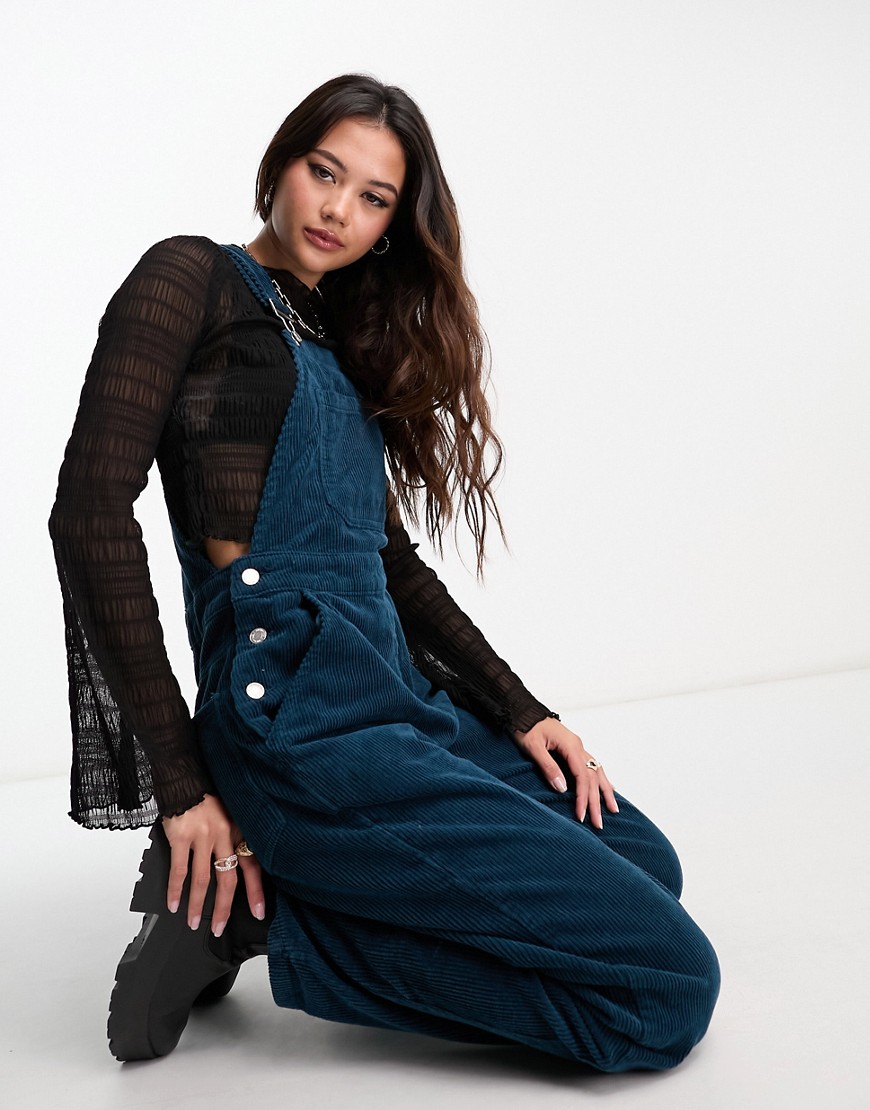 DTT Ivy cord wide leg dungarees with pockets in blue