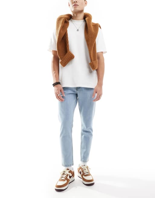 DTT - Jeans affusolati rigidi taglio corto azzurri