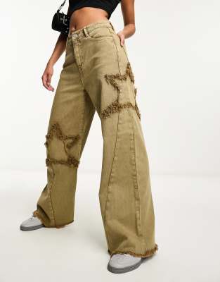 DTT - Jeans in verwaschenem Khaki mit weitem Bein-Schwarz