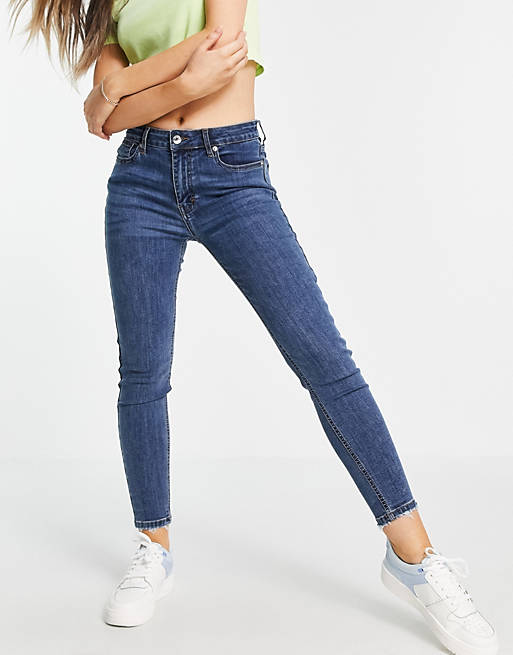 DTT - Jo - Skinny jeans met halfhoge taille in middenblauw met wassing 