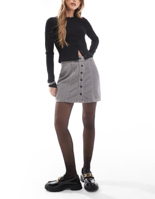 Don't Think Twice DTT Jordan cord button front mini skirt in charcoal grey