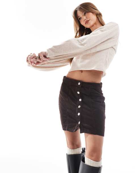 DTT Jordan cord button front mini skirt in chocolate brown - view 1