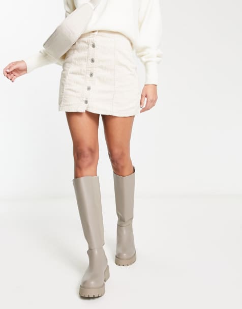 DTT Jordan cord button front mini skirt in ecru - view 1