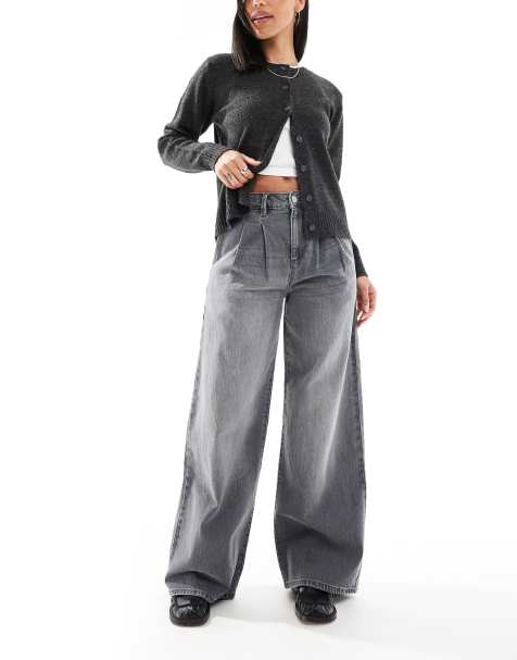 DTT Jordan pleated wide leg jeans in mid grey - view 1