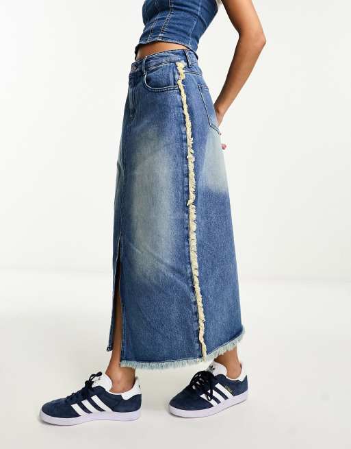 DTT Kali denim midi skirt with frayed side seam in mid wash blue | ASOS