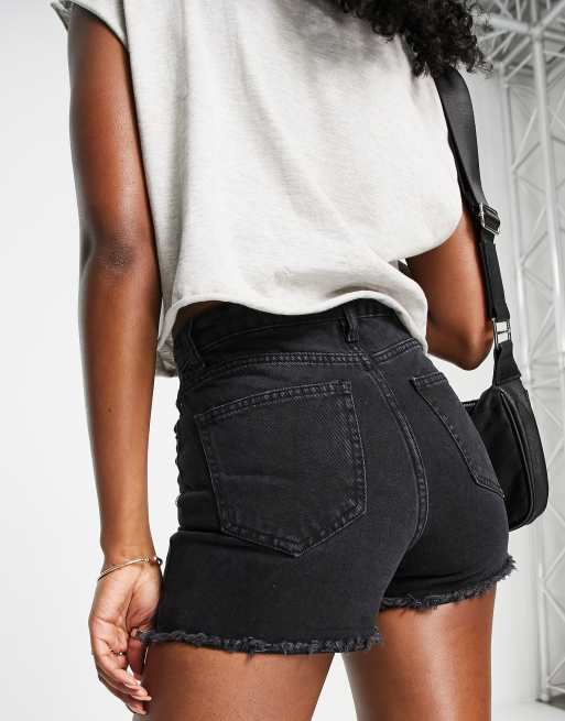 DTT - Lange denim shorts met onafgewerkte zoom in zwart met wassing , 2 van 4