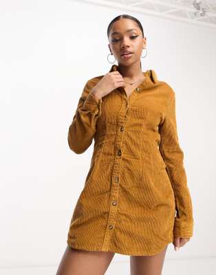 DTT Leila cord fitted shirt dress in tan