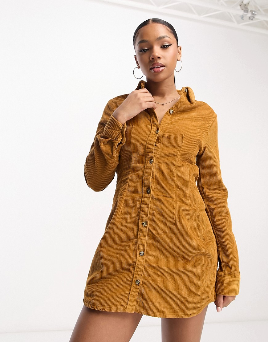 DTT Leila cord fitted shirt dress in tan-Brown