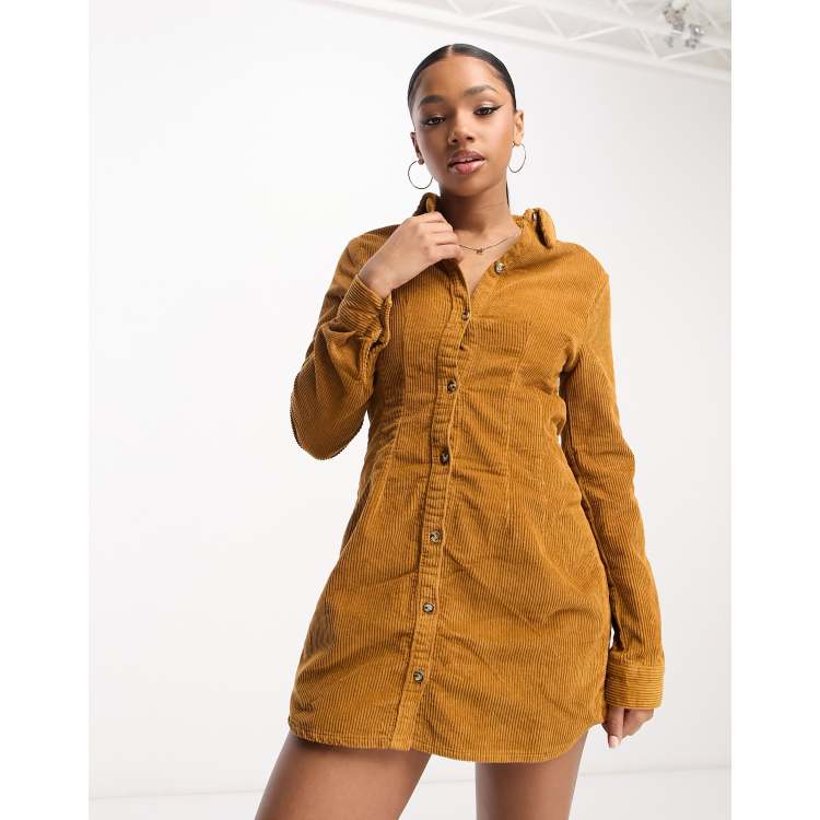 DTT Leila cord fitted shirt dress in tan ASOS