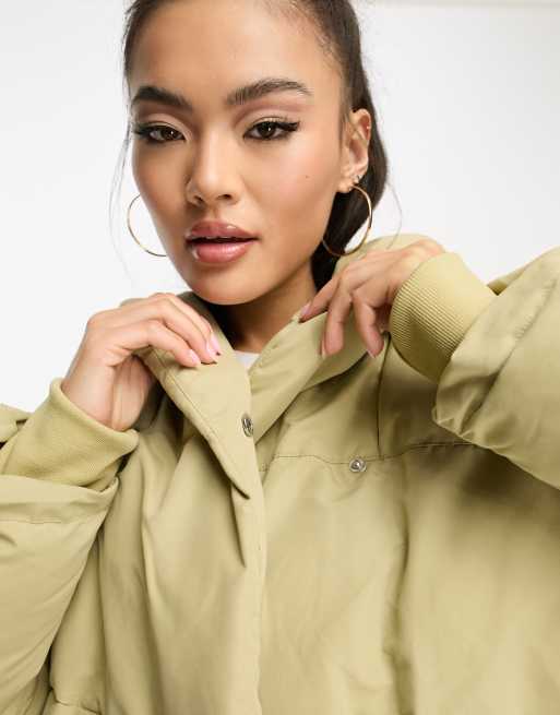 DTT Lindzi longline double breasted puffer jacket in sage green | ASOS