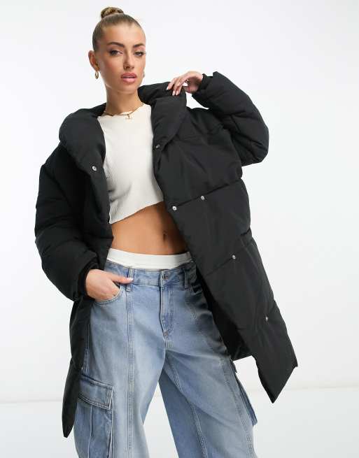 DTT – Lindzi – Zweireihige Steppjacke in Schwarz mit langem Schnitt