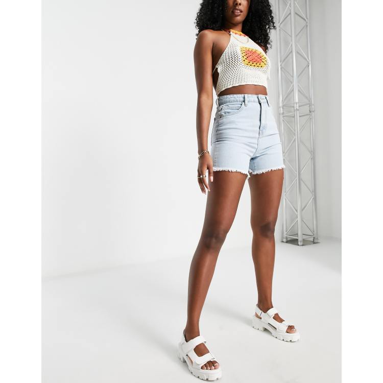 DTT longline denim shorts with raw hem in light blue wash