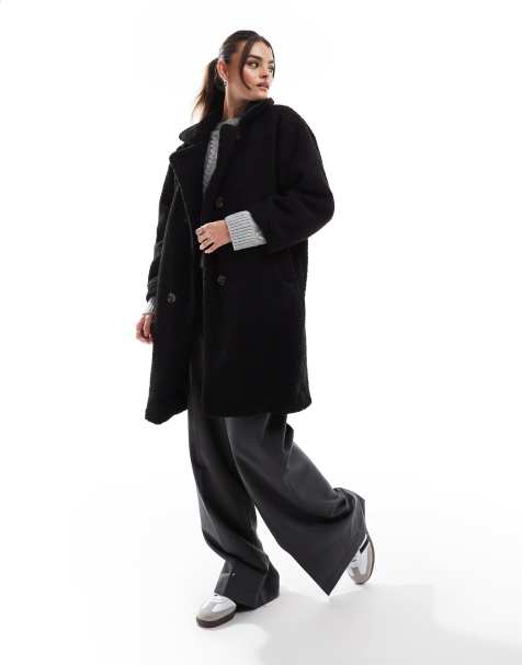 DTT longline double breasted borg jacket in black - view 1