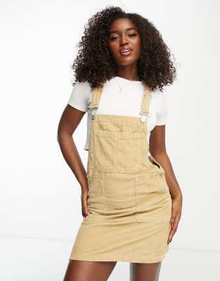 DTT Lucine cord pinafore dress with pockets in beige-Green