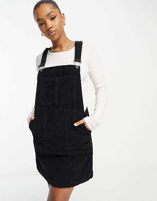 DTT Lucine cord pinafore dress with pockets in black