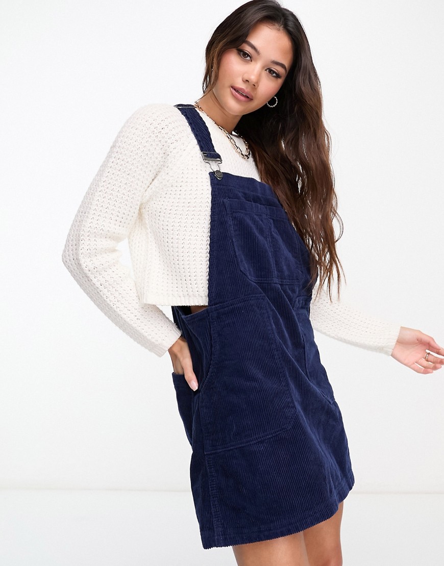 DTT Lucine cord pinafore dress with pockets in navy