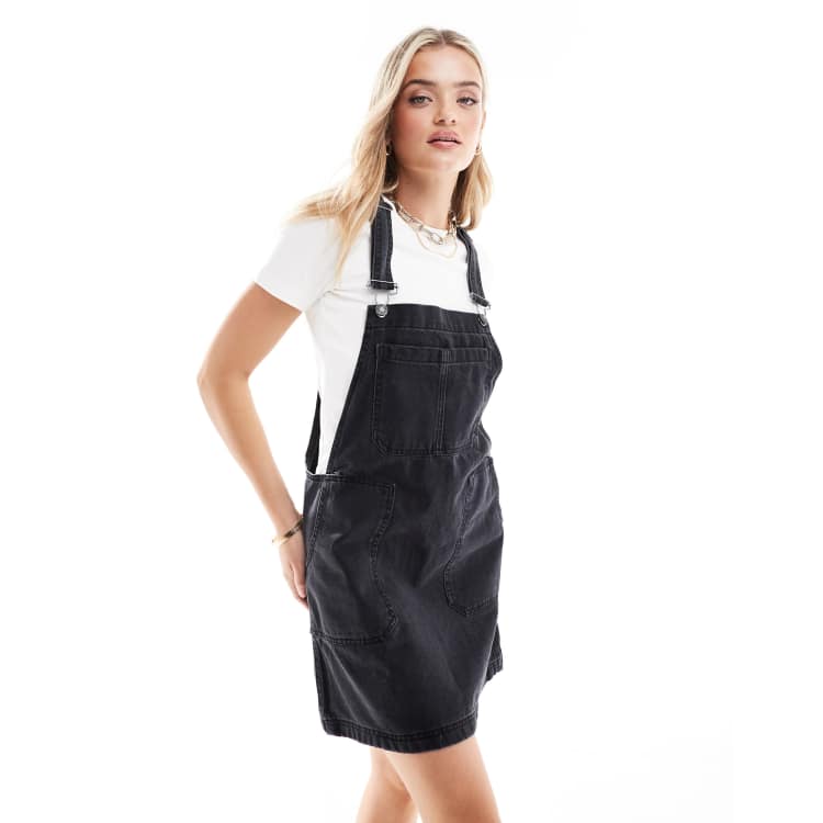 DTT Lucine denim pinafore dress with pockets in washed black ASOS