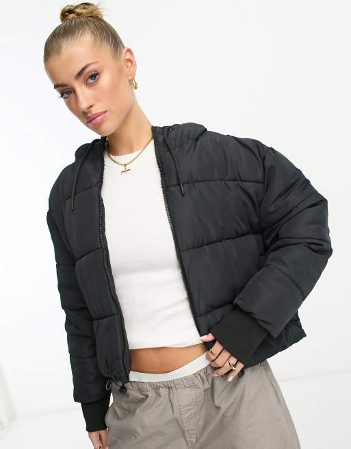 Black Cropped Drawstring Puffer Jacket