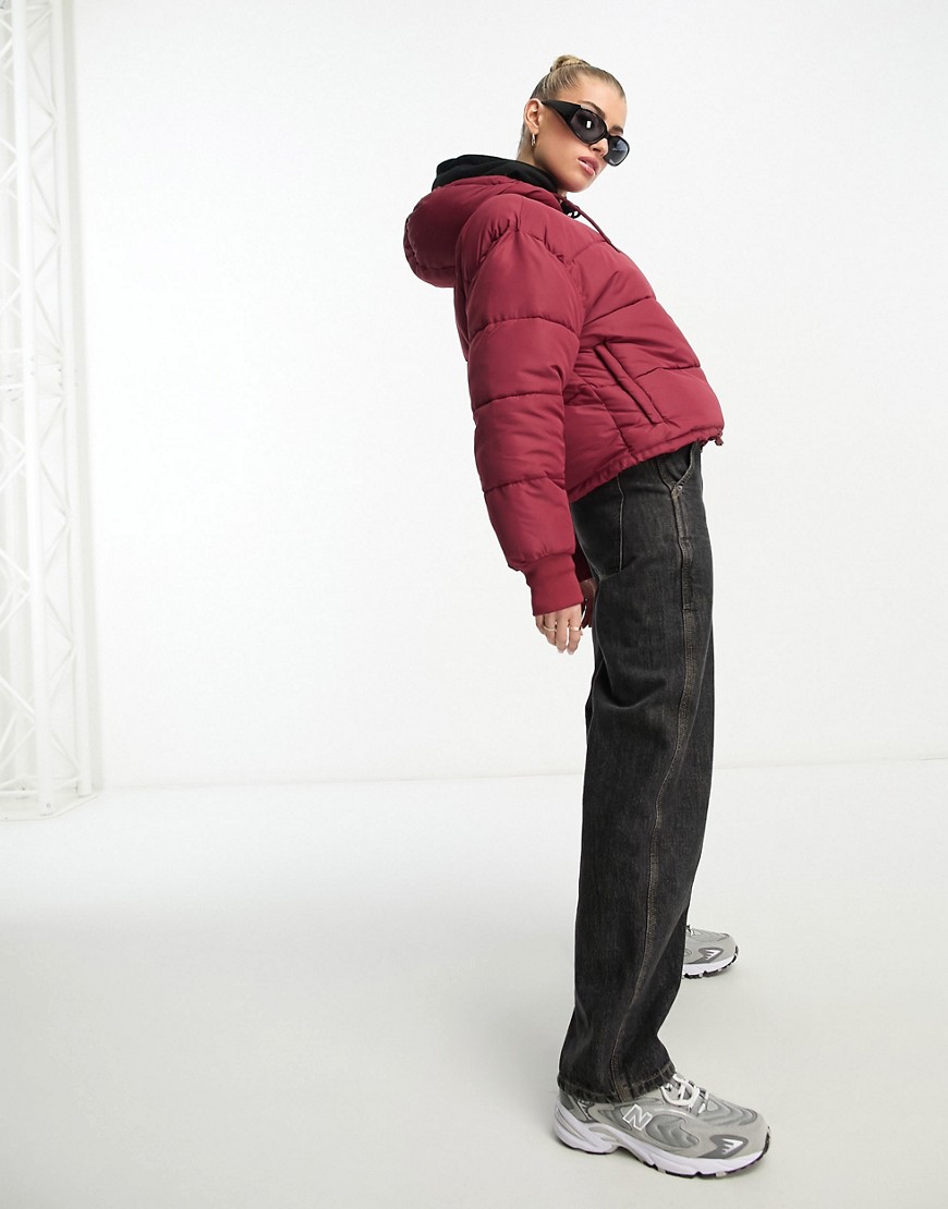 DTT Mary hooded puffer jacket in burgundy-Red