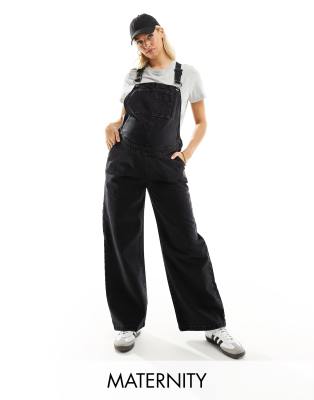 Don't Think Twice DTT Maternity Lucy denim dungarees in washed black Sale