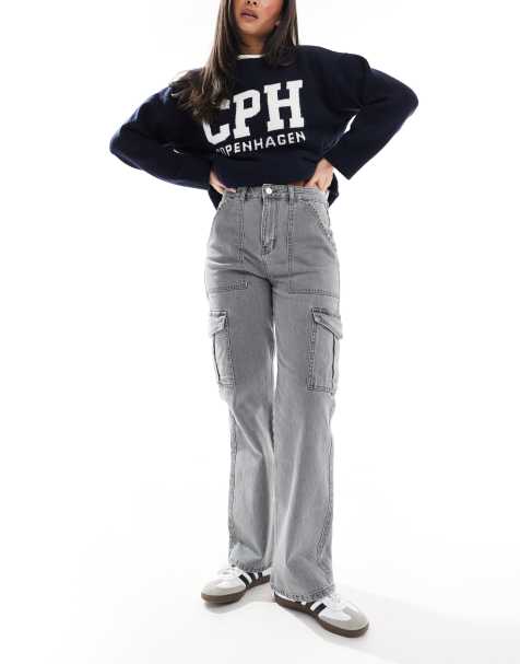 DTT Molly high waist wide leg cargo jeans in light grey - view 1