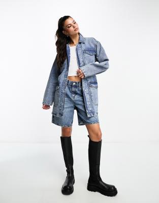 DTT Natalia denim oversized shirt with tie waist in acid wash blue | ASOS