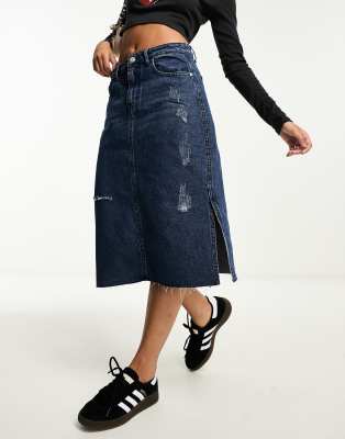 DTT Olivia denim midi skirt in mid wash bliue | ASOS