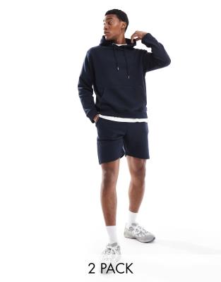 Don't Think Twice DTT overhead hoodie & jersey short set in navy