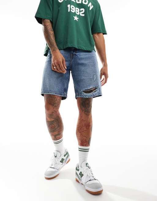 DTT - Oversized denimshorts med flænger i lyseblå vintage-vask
