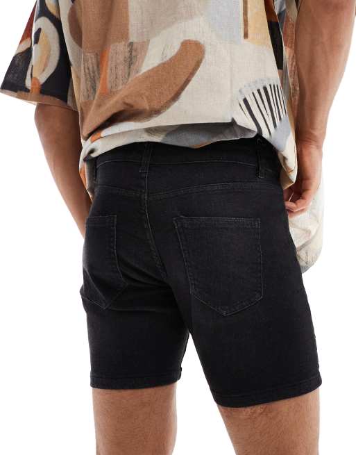 DTT - Pantaloncini di jeans elasticizzati skinny nero slavato, 3 di 5