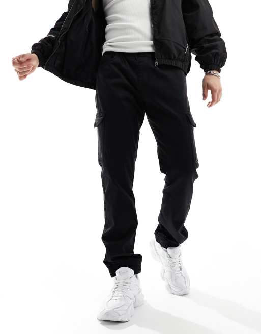 DTT - Pantaloni cargo neri slim tinti in capo con fondo elasticizzato