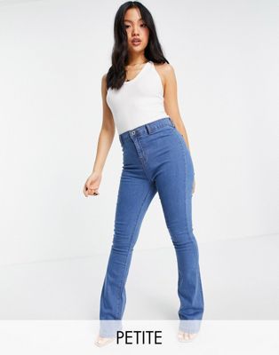 DTT Petite Bianca high waisted flare disco jeans in mid blue