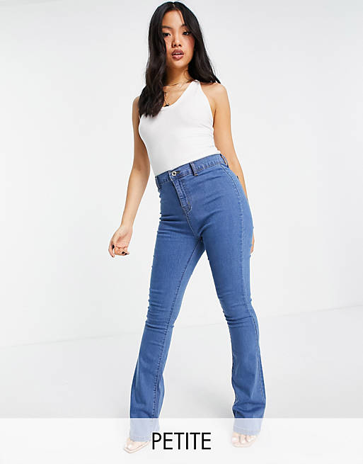 DTT Petite Bianca high waisted flare disco jeans in mid blue | ASOS
