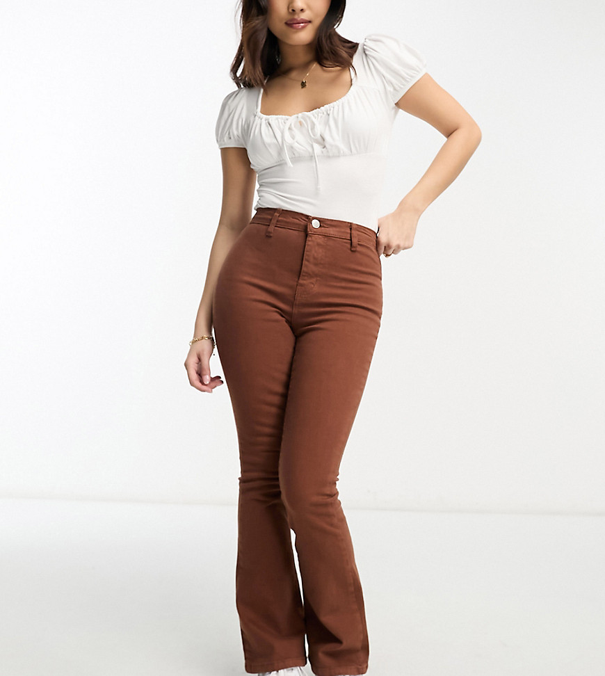 DTT Petite Bianca high waisted wide leg disco jeans in chocolate-Brown
