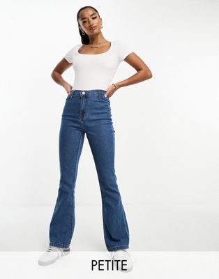 DTT Petite Bianca high waisted wide leg disco jeans in mid blue
