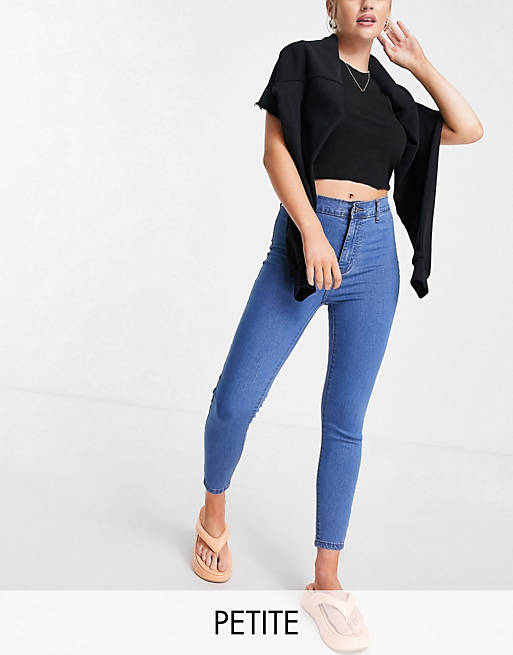 DTT Petite Chloe high waisted disco stretch skinny jeans in mid wash blue 