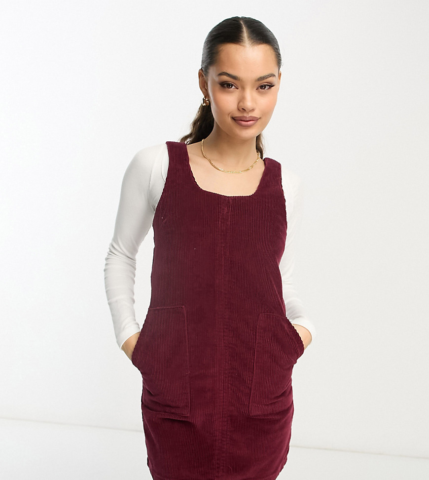 DTT Petite Dawn cord pinafore dress with zip back in burgundy-Red