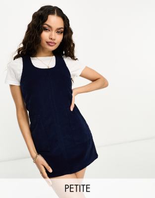 DTT Petite Dawn cord pinafore dress with zip back in navy | ASOS