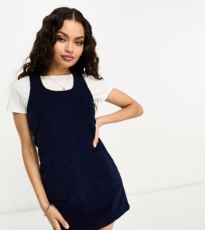 DTT Petite Dawn cord pinafore dress with zip back in navy