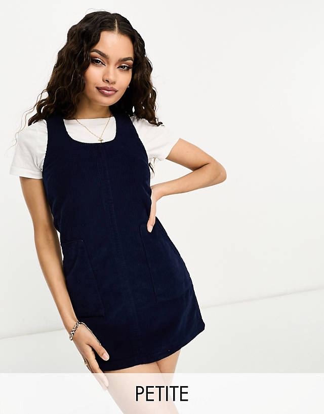 Don't Think Twice - DTT Petite Dawn cord pinafore dress with zip back in navy