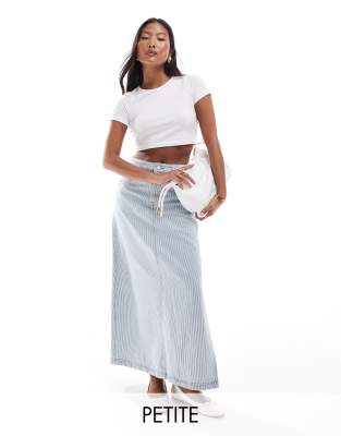 Don't Think Twice DTT Petite denim maxi skirt in blue stripe with contrast stitching-White